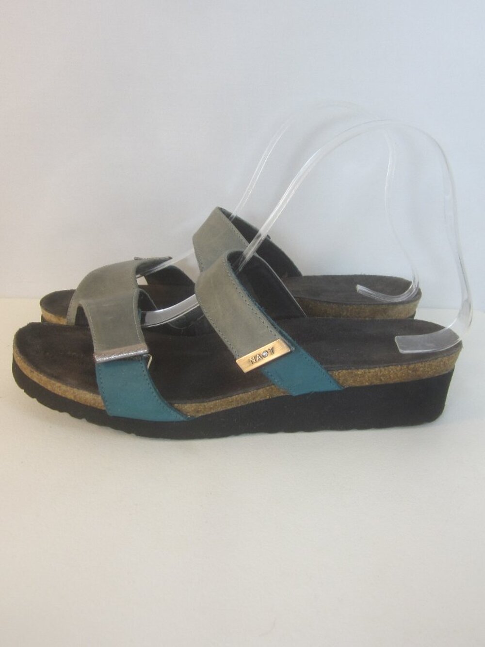 NAOT Women 7 Blue Gray Leather Slide Strappy Sandals EU 38 Rhinestone Accent